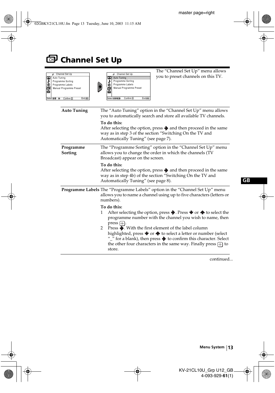 Channel set up | Sony KV-21CL10U User Manual | Page 13 / 24