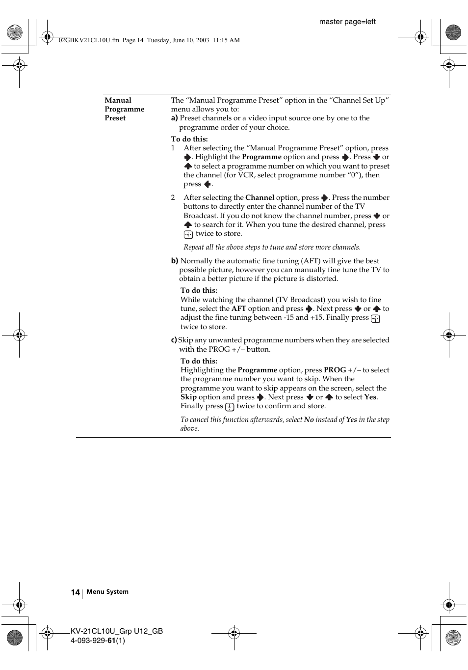 Sony KV-21CL10U User Manual | Page 14 / 24