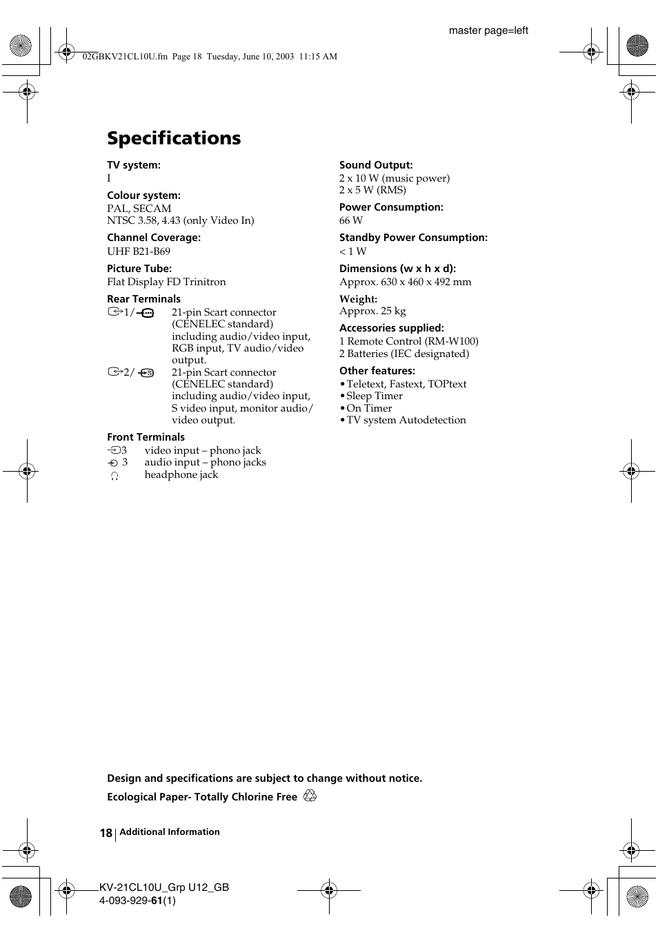 Specifications | Sony KV-21CL10U User Manual | Page 18 / 24