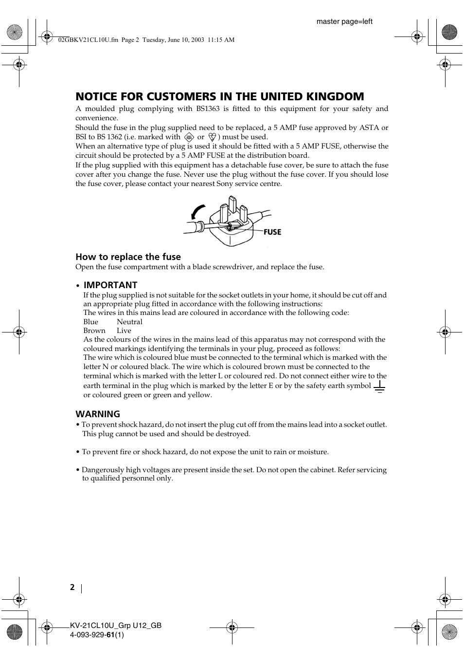 Notice for customers in the united kingdom | Sony KV-21CL10U User Manual | Page 2 / 24