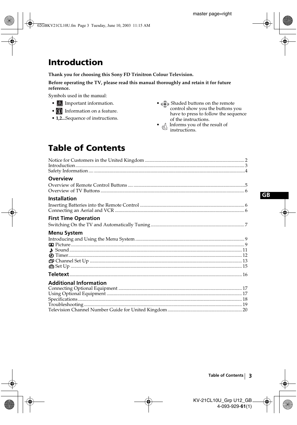 Sony KV-21CL10U User Manual | Page 3 / 24