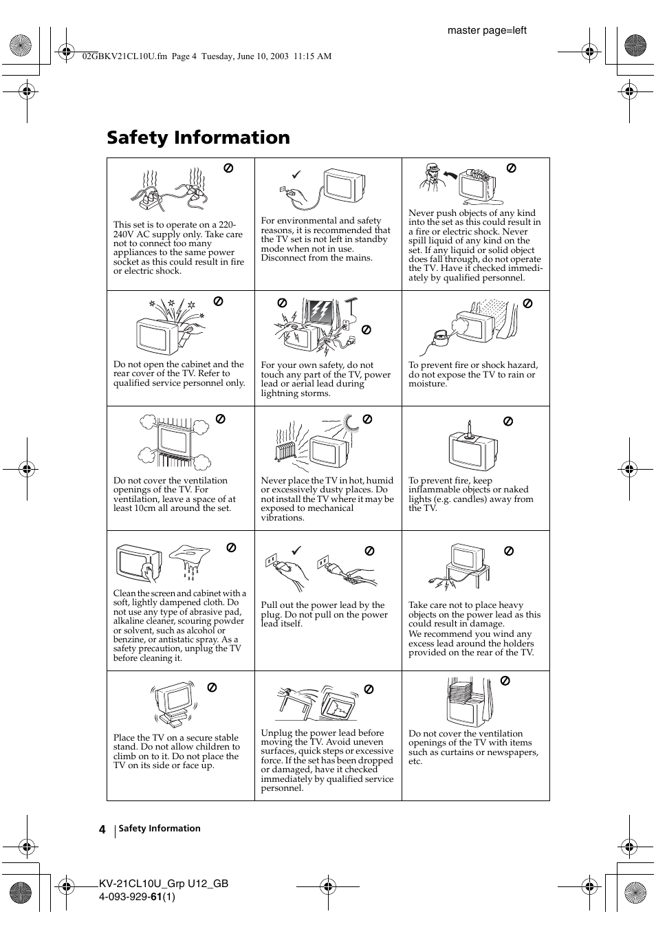 Safety information | Sony KV-21CL10U User Manual | Page 4 / 24