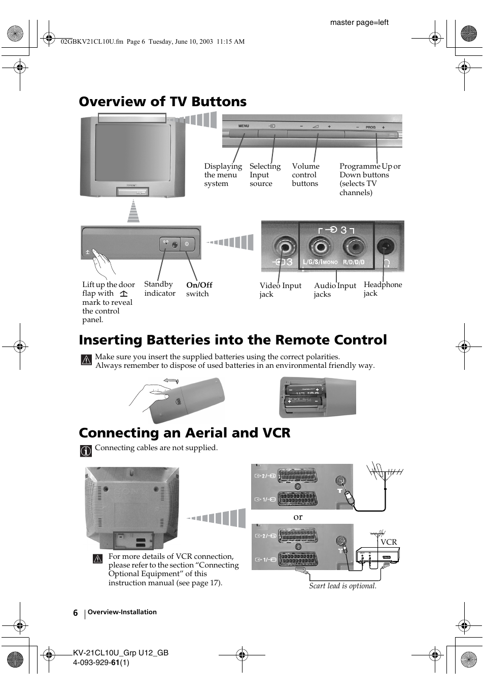 Connecting an aerial and vcr | Sony KV-21CL10U User Manual | Page 6 / 24