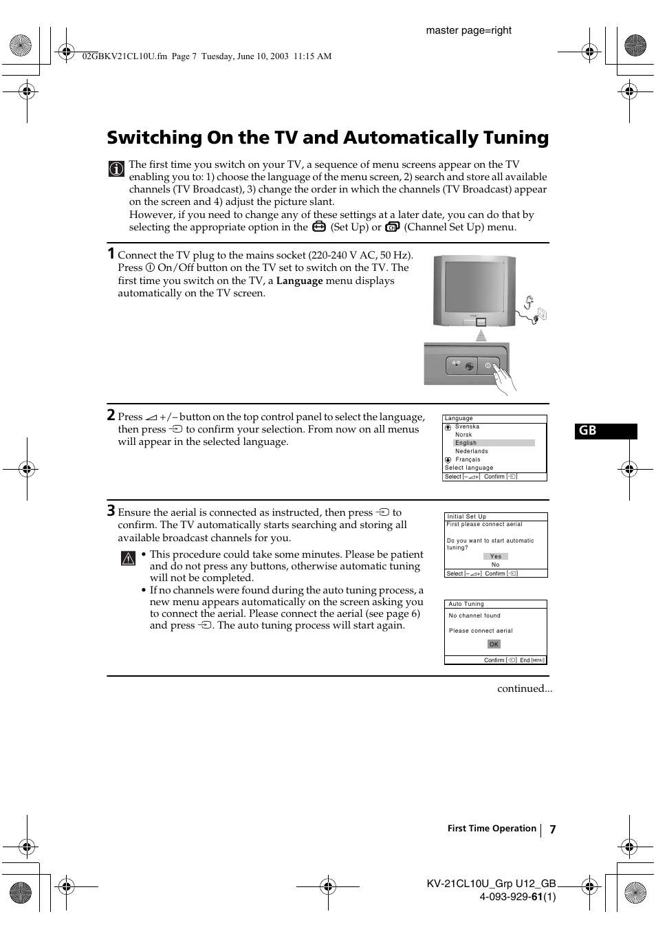 Switching on the tv and automatically tuning | Sony KV-21CL10U User Manual | Page 7 / 24