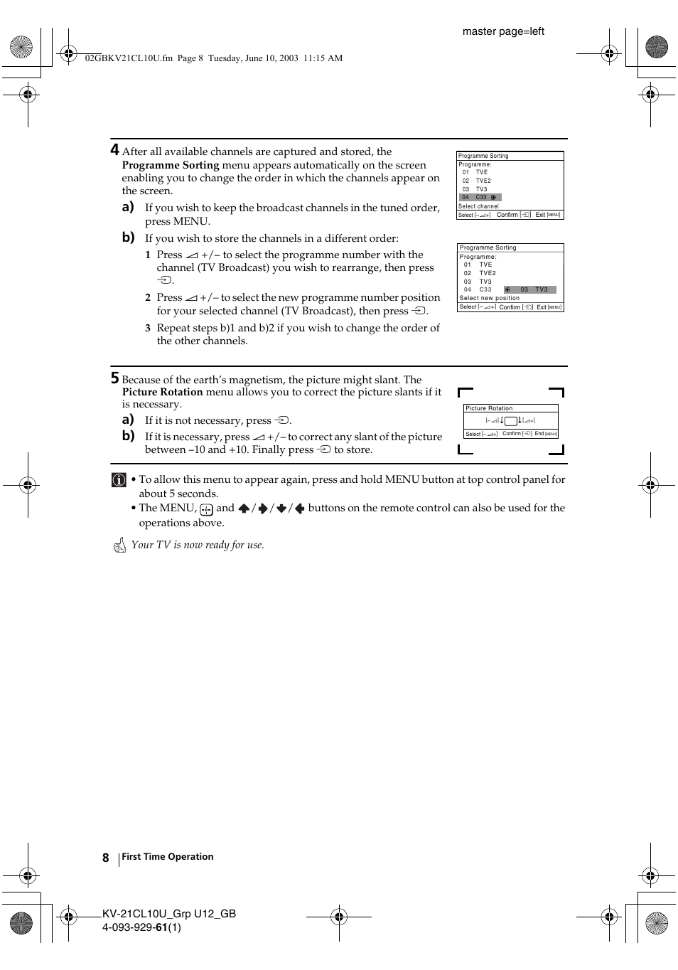 Master page=left, If it is not necessary, press t | Sony KV-21CL10U User Manual | Page 8 / 24