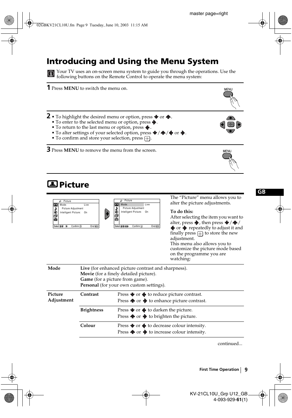 Introducing and using the menu system, Picture | Sony KV-21CL10U User Manual | Page 9 / 24