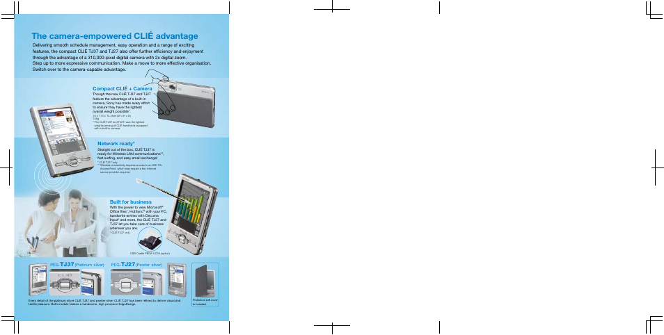 The camera-empowered clié advantage, Tj27, Tj37 | Compact clié + camera, Network ready, Built for business | Sony CLI User Manual | Page 2 / 6