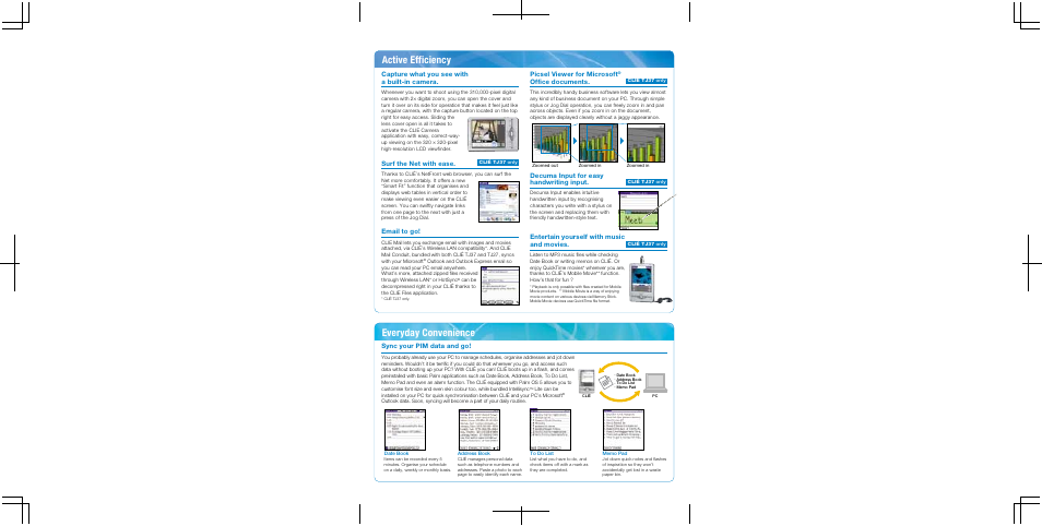 Active efficiency everyday convenience, Capture what you see with a built-in camera, Surf the net with ease | Email to go, Sync your pim data and go, Picsel viewer for microsoft, Entertain yourself with music and movies | Sony CLI User Manual | Page 4 / 6