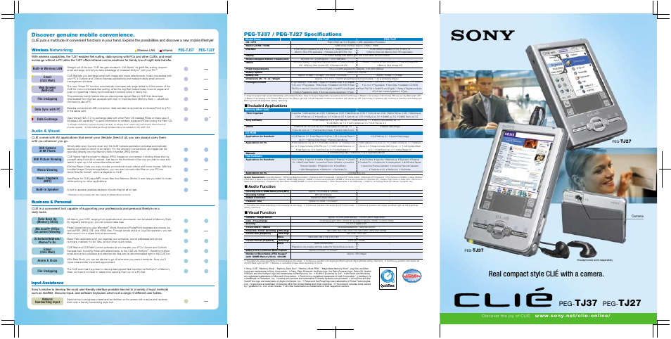 Real compact style clié with a camera, Peg-tj37 / peg-tj27 specifications, Discover genuine mobile convenience | Tj27, Tj37, Discover the joy of clié, Input assistance, Peg-tj37 peg-tj27, Wireless wireless networking, Included applications | Sony CLI User Manual | Page 6 / 6