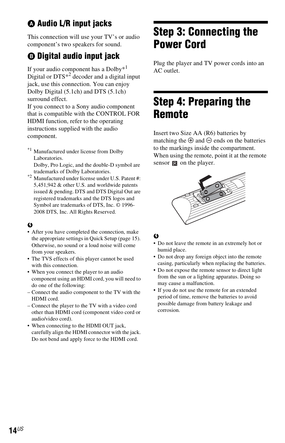 Step 3: connecting the power cord, Step 4: preparing the remote, R) (14 | Audio l/r input jacks, Digital audio input jack | Sony DVP-NS710H User Manual | Page 14 / 60