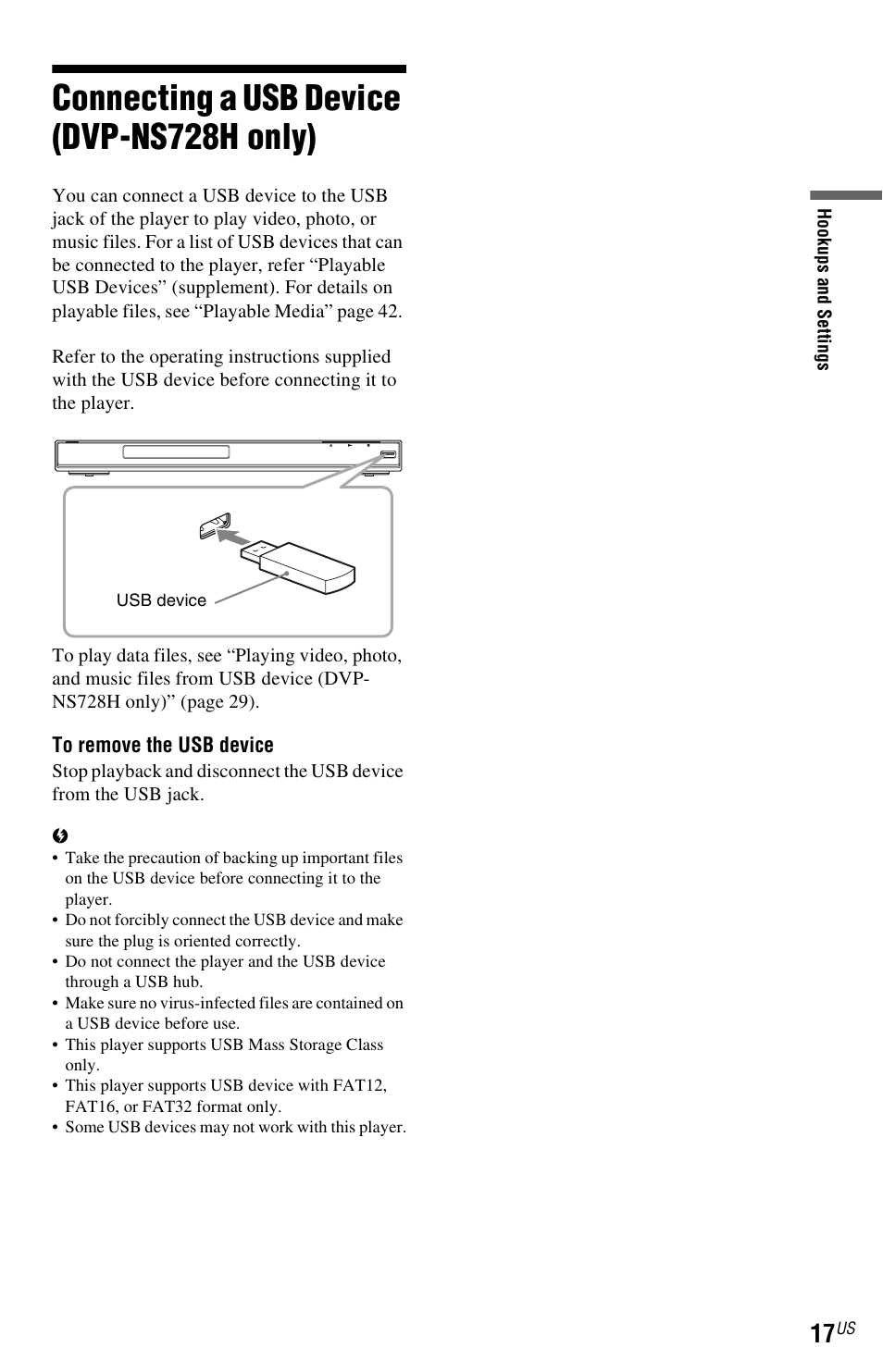 Connecting a usb device (dvp-ns728h only), E a) (17 | Sony DVP-NS710H User Manual | Page 17 / 60