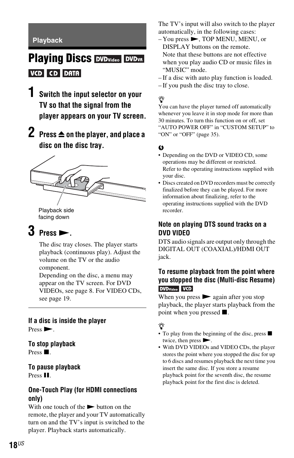 Playback, Playing discs, Disc tray (18) | Sony DVP-NS710H User Manual | Page 18 / 60