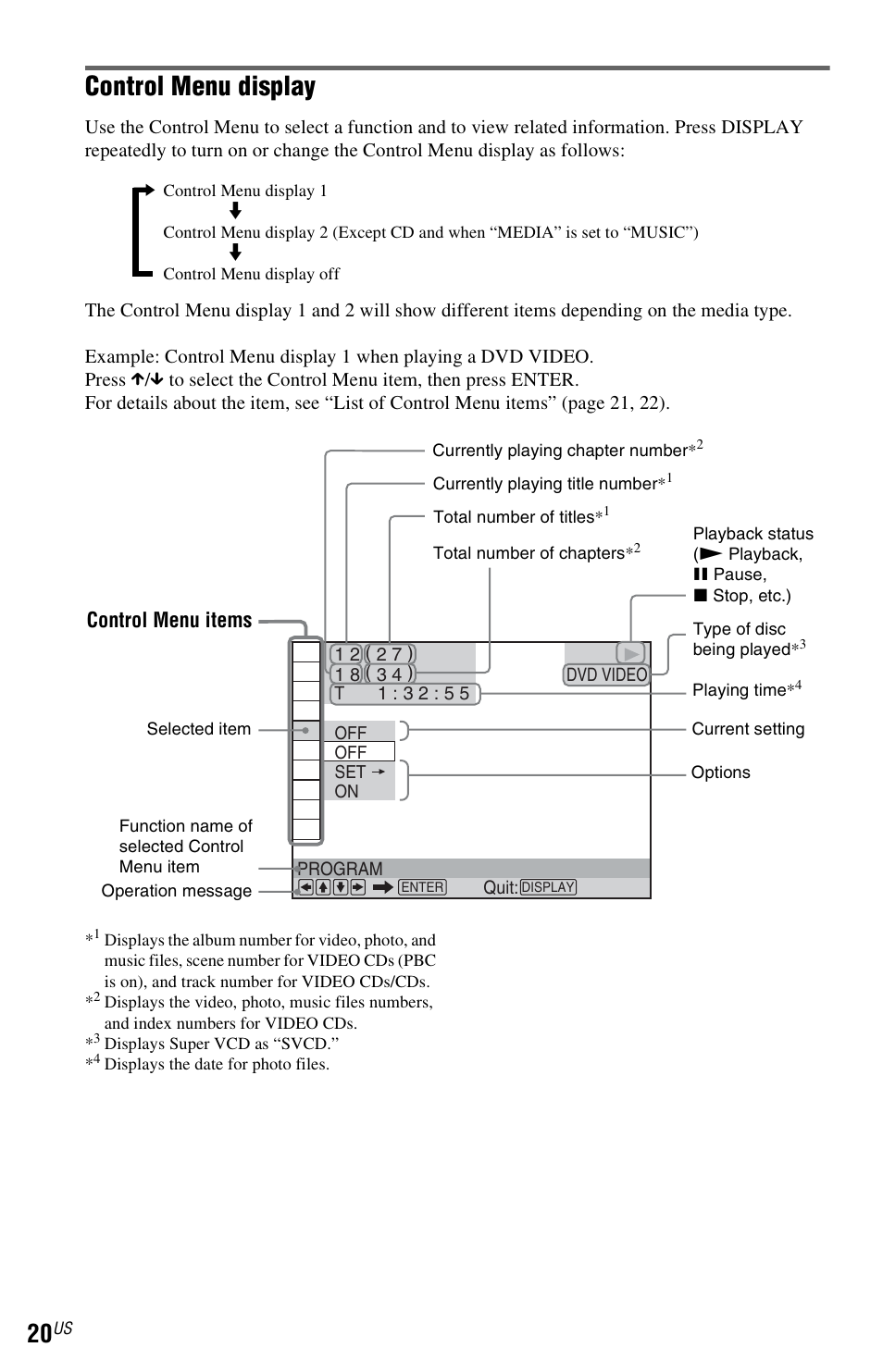 Control menu display, Control menu items | Sony DVP-NS710H User Manual | Page 20 / 60