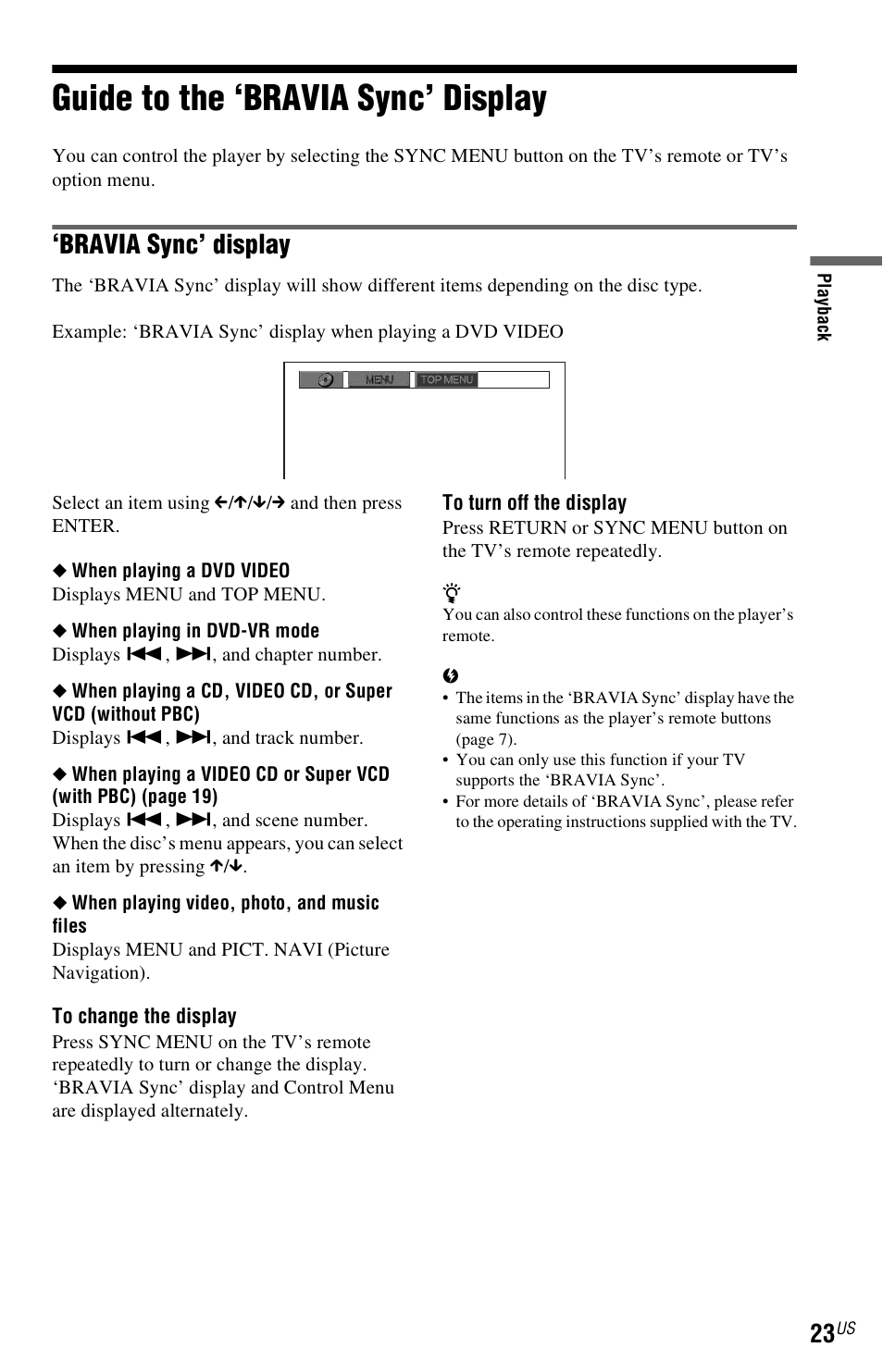 Guide to the ‘bravia sync’ display, Bravia sync’ display | Sony DVP-NS710H User Manual | Page 23 / 60