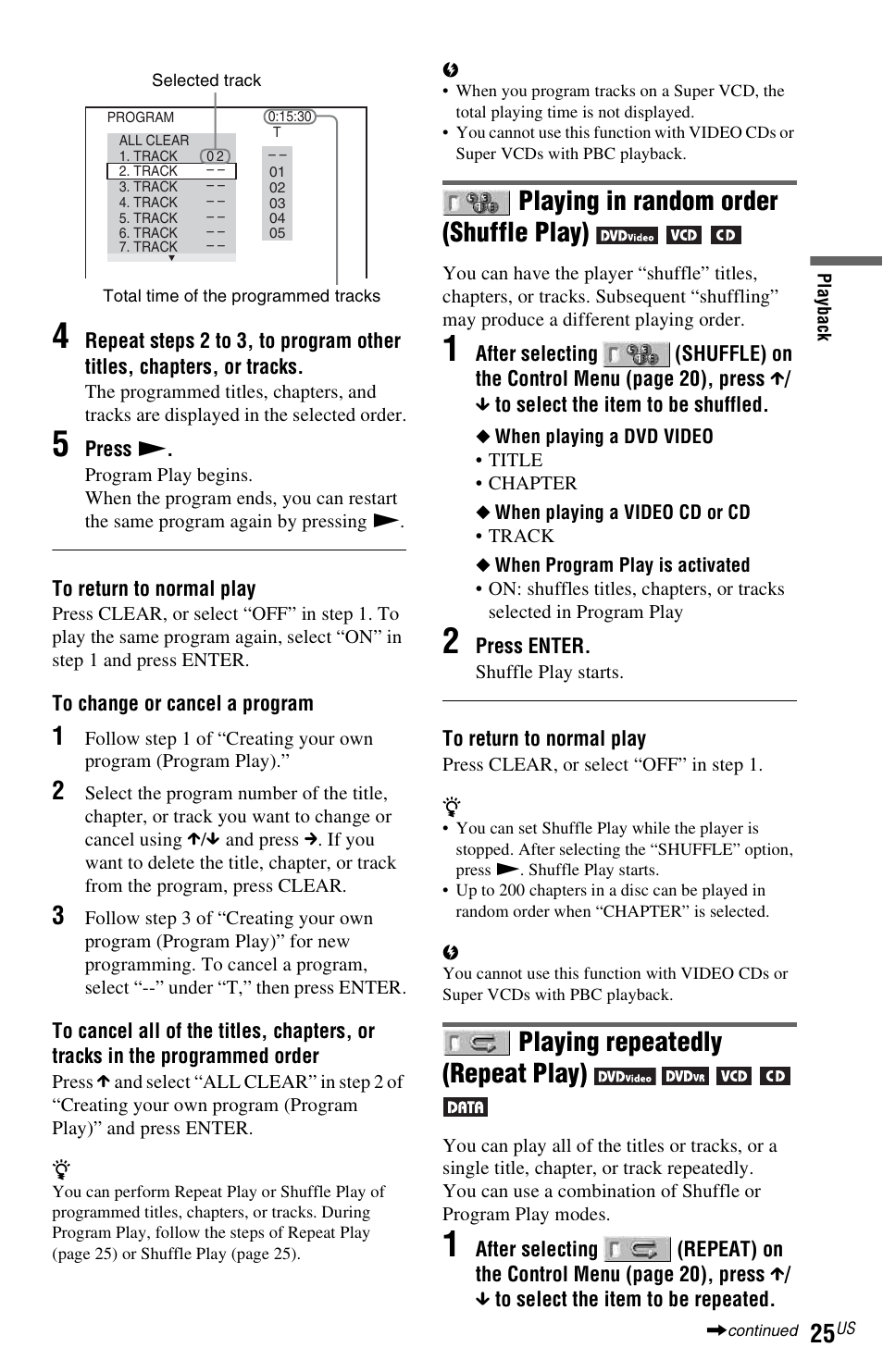 Playing in random order (shuffle play), Playing repeatedly (repeat play) | Sony DVP-NS710H User Manual | Page 25 / 60
