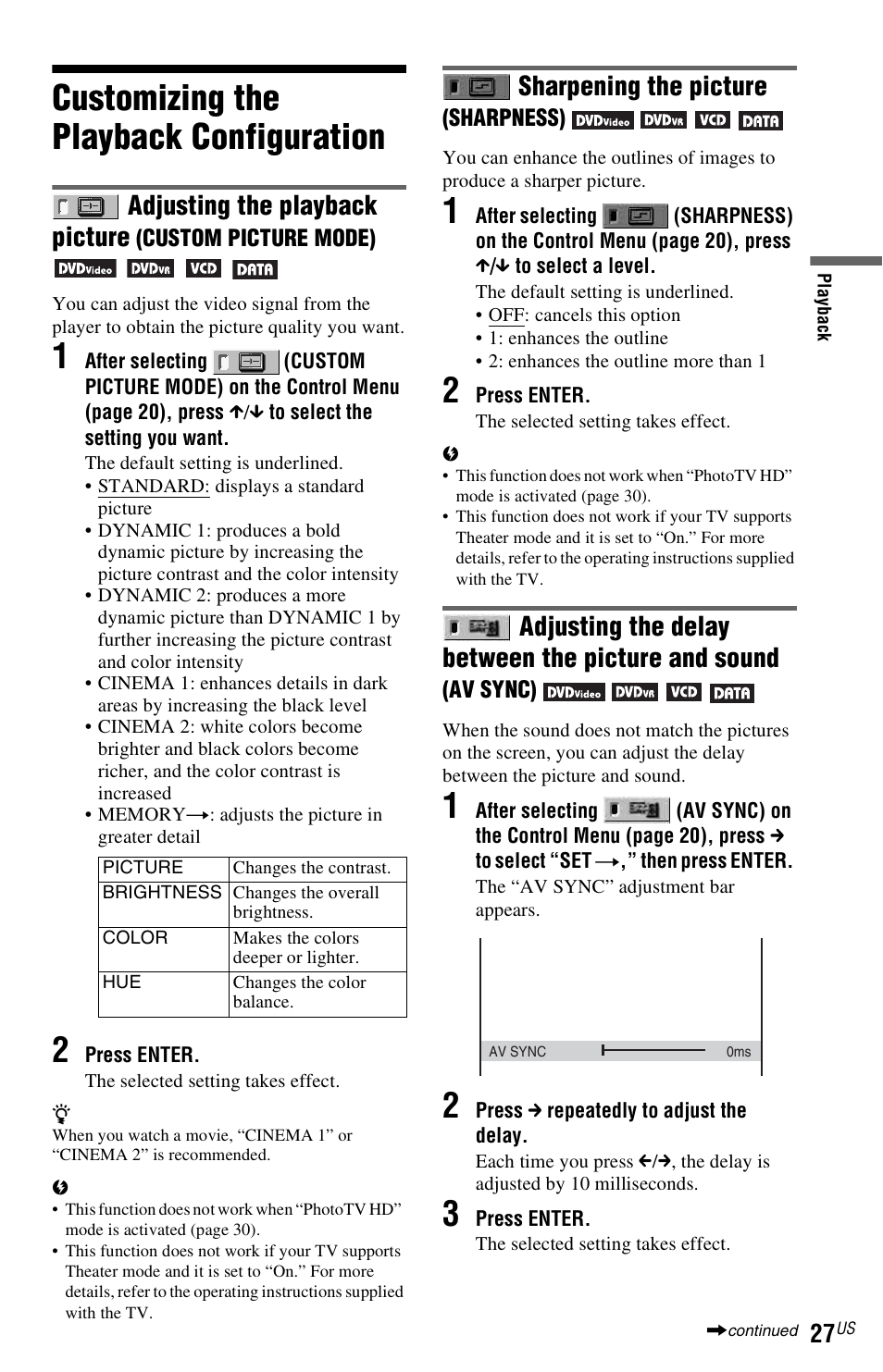 Customizing the playback configuration, Adjusting the playback picture, Sharpening the picture (sha | Adjusting the delay between the picture and sound, Sharpening the picture | Sony DVP-NS710H User Manual | Page 27 / 60