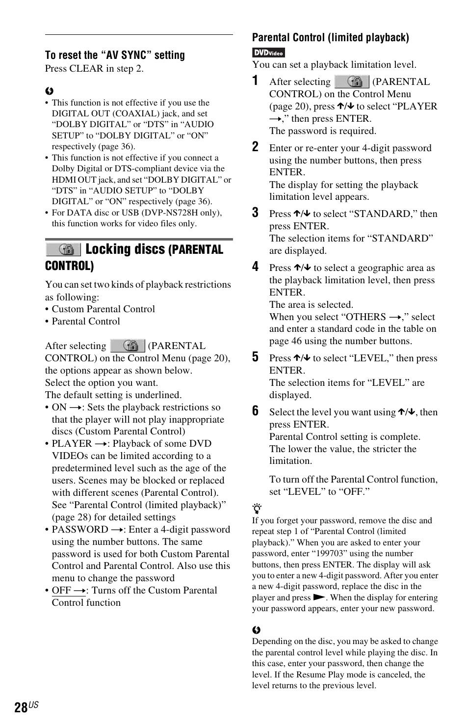 Locking discs | Sony DVP-NS710H User Manual | Page 28 / 60