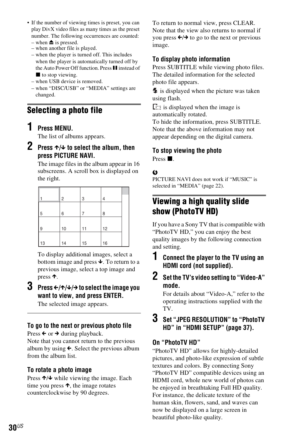 Selecting a photo file, Viewing a high quality slide show (phototv hd) | Sony DVP-NS710H User Manual | Page 30 / 60