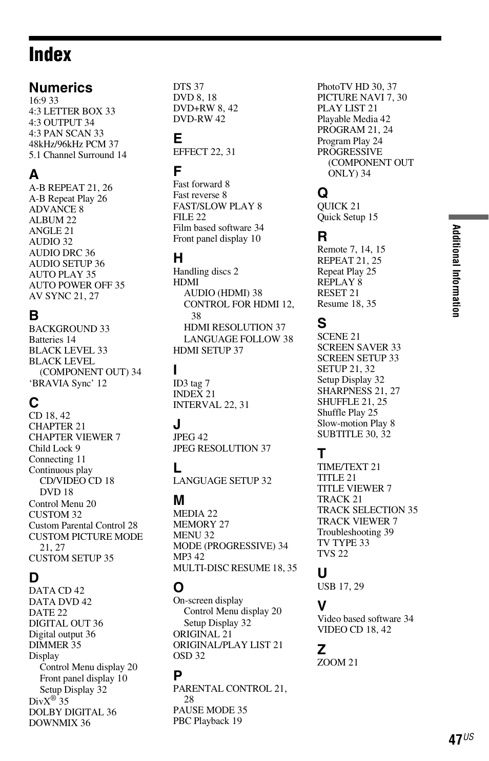 Index, Numerics | Sony DVP-NS710H User Manual | Page 47 / 60