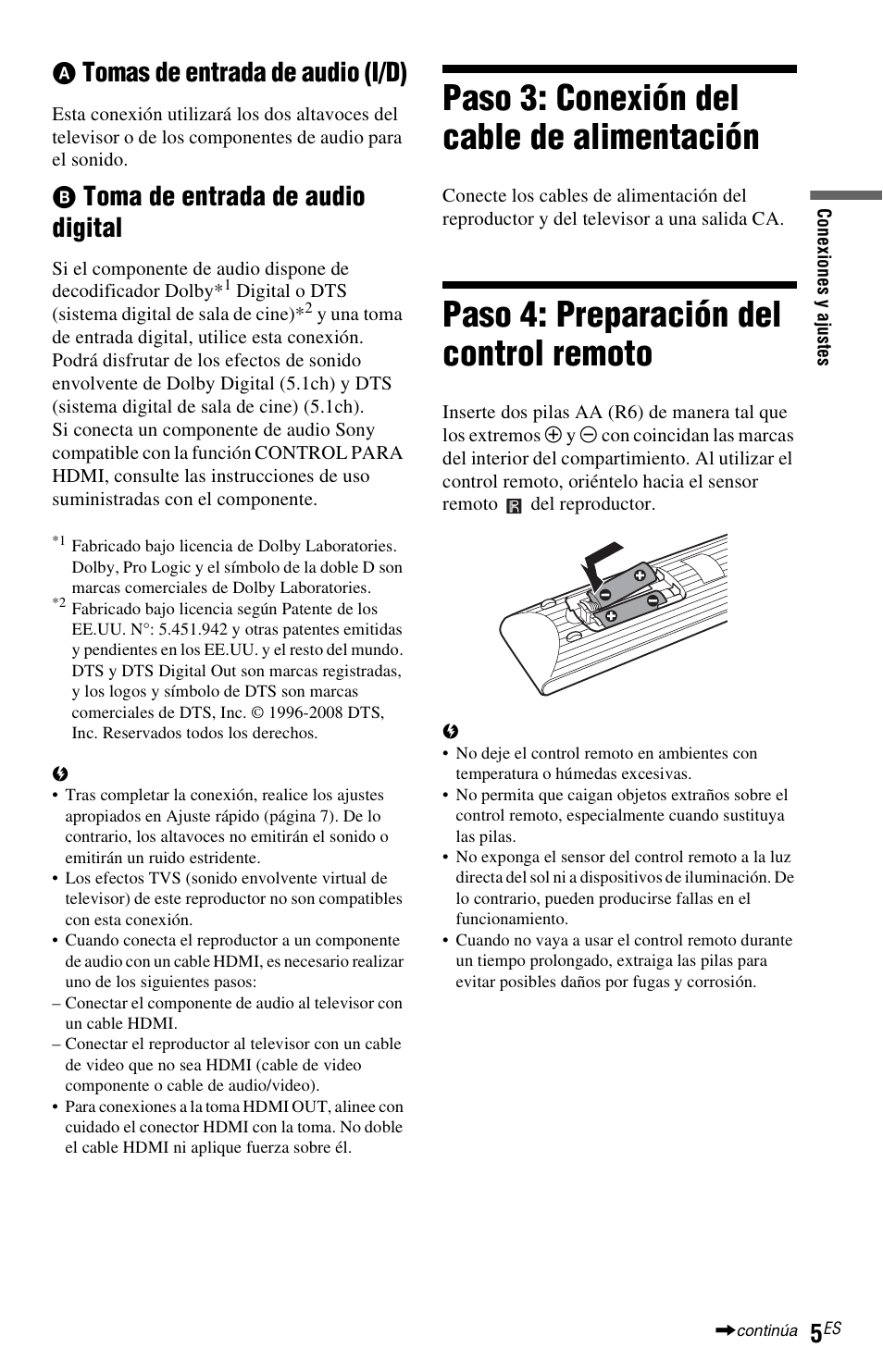 Paso 3: conexión del cable de alimentación, Paso 4: preparación del control remoto, Tomas de entrada de audio (i/d) | Toma de entrada de audio digital | Sony DVP-NS710H User Manual | Page 53 / 60