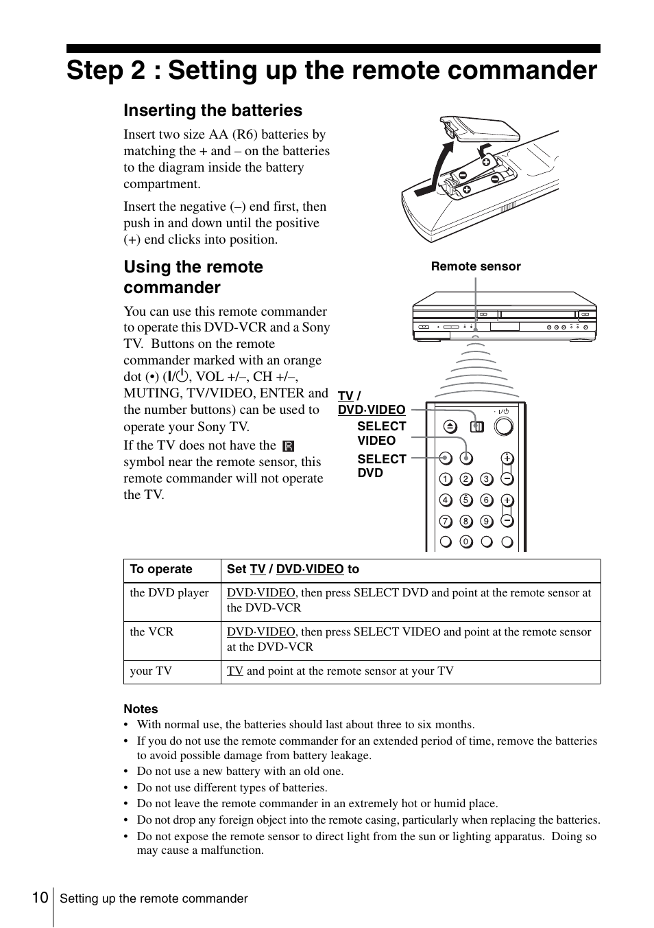 Step 2 : setting up the remote commander, Inserting the batteries, Using the remote commander | Sony SLV-D261P User Manual | Page 10 / 116