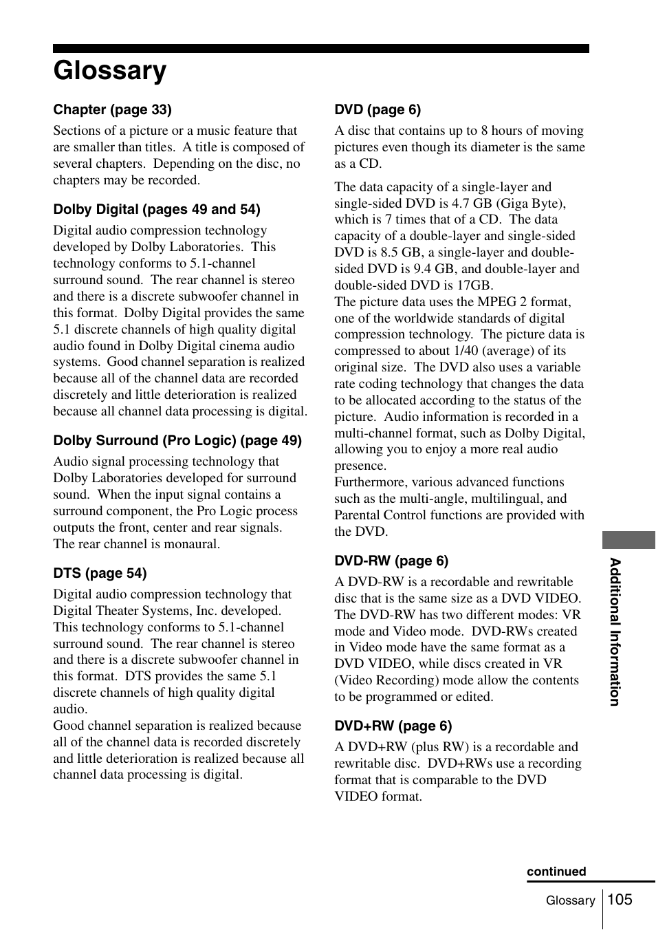 Glossary, 105 glo | Sony SLV-D261P User Manual | Page 105 / 116