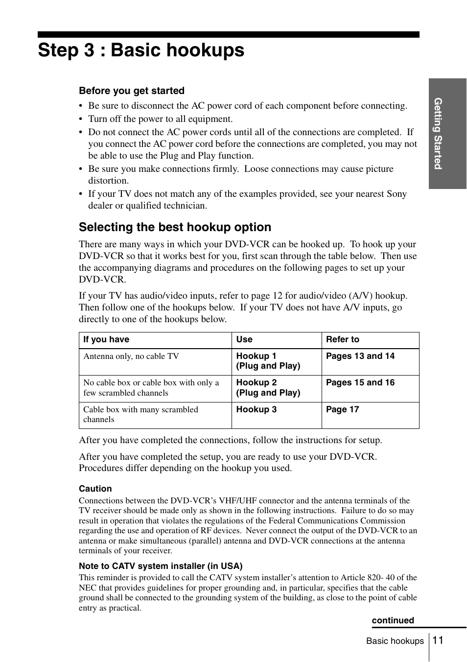 Step 3 : basic hookups, Selecting the best hookup option | Sony SLV-D261P User Manual | Page 11 / 116