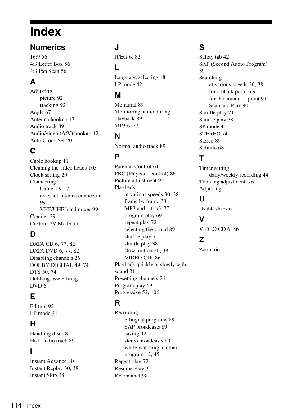Index, 114 ind, Numerics | Sony SLV-D261P User Manual | Page 114 / 116