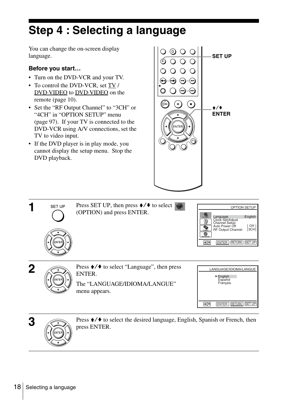 Step 4 : selecting a language | Sony SLV-D261P User Manual | Page 18 / 116