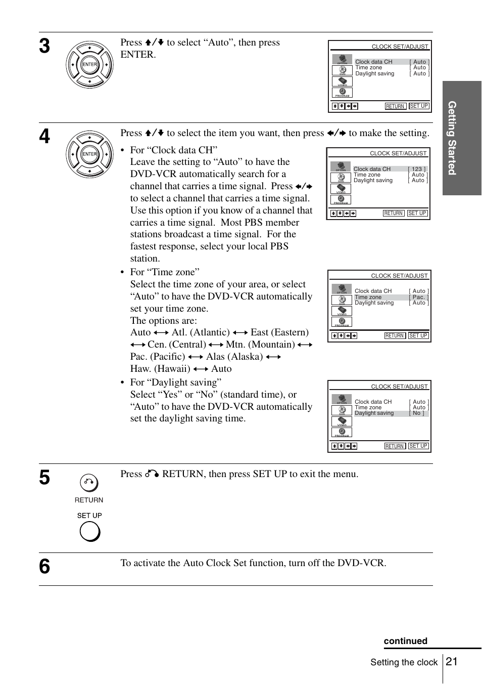 Getti ng sta rted, Press v/v to select “auto”, then press enter, Press o return, then press set up to exit the menu | Sony SLV-D261P User Manual | Page 21 / 116