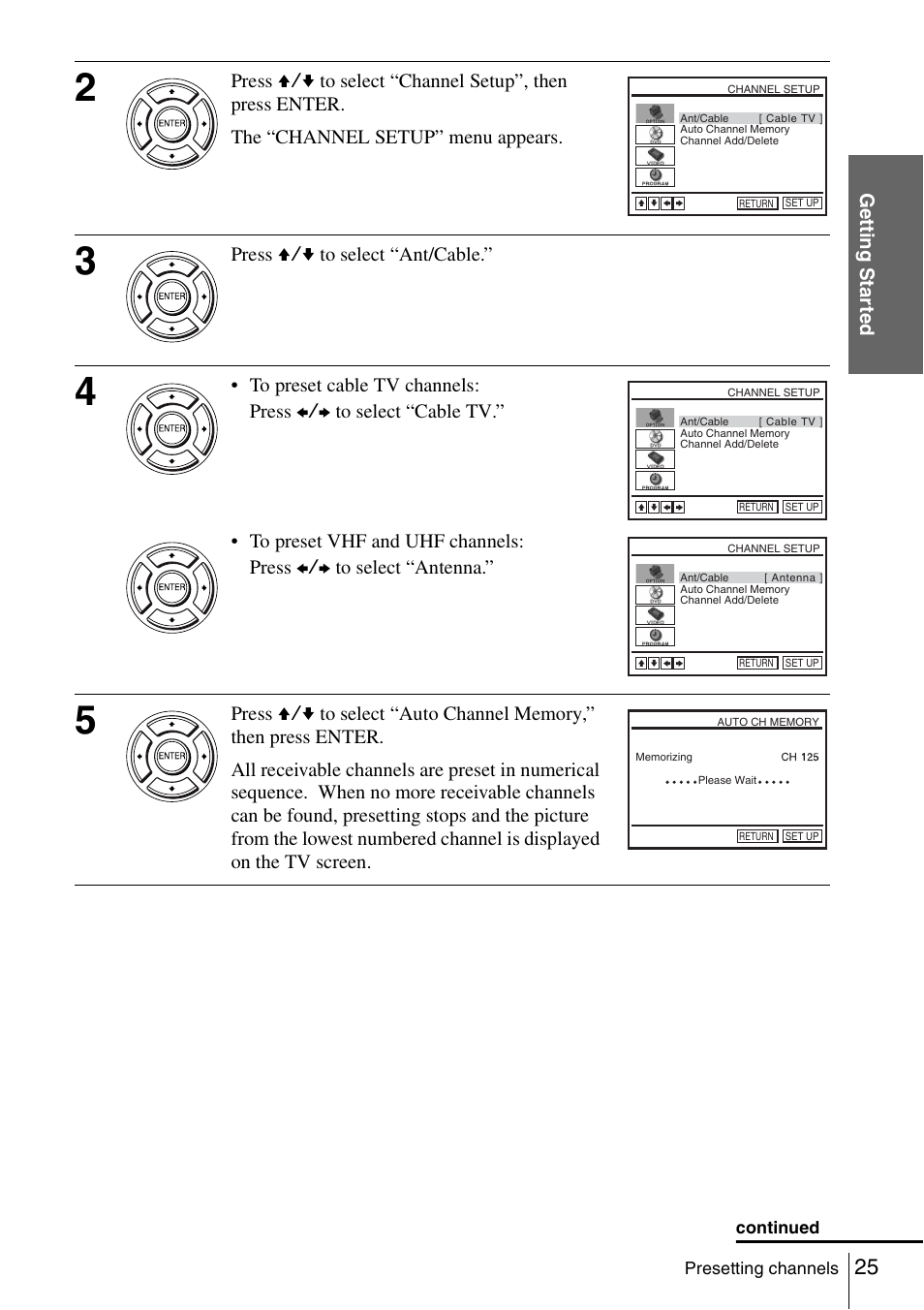 Getti ng sta rted, Press v/v to select “ant/cable | Sony SLV-D261P User Manual | Page 25 / 116