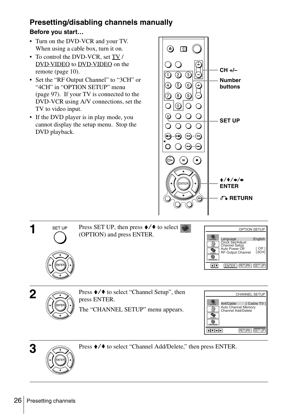 Presetting/disabling channels manually | Sony SLV-D261P User Manual | Page 26 / 116