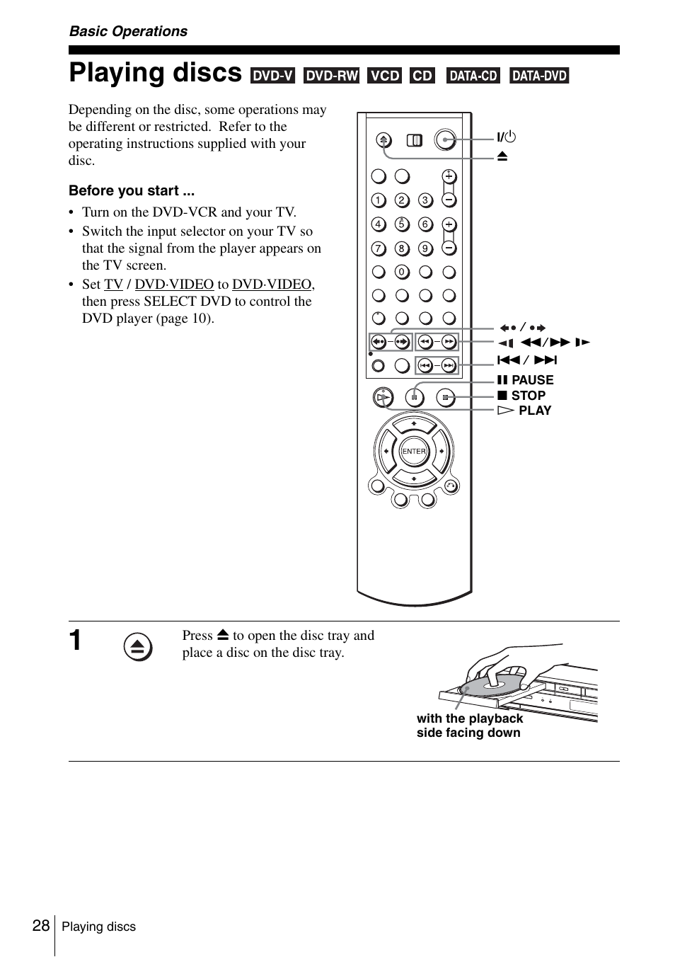 Basic operations, Playing discs | Sony SLV-D261P User Manual | Page 28 / 116