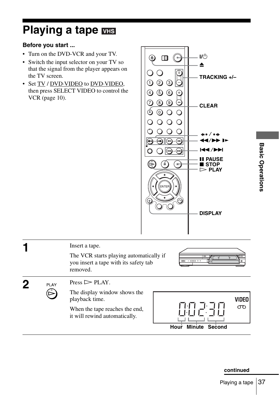 Playing a tape | Sony SLV-D261P User Manual | Page 37 / 116