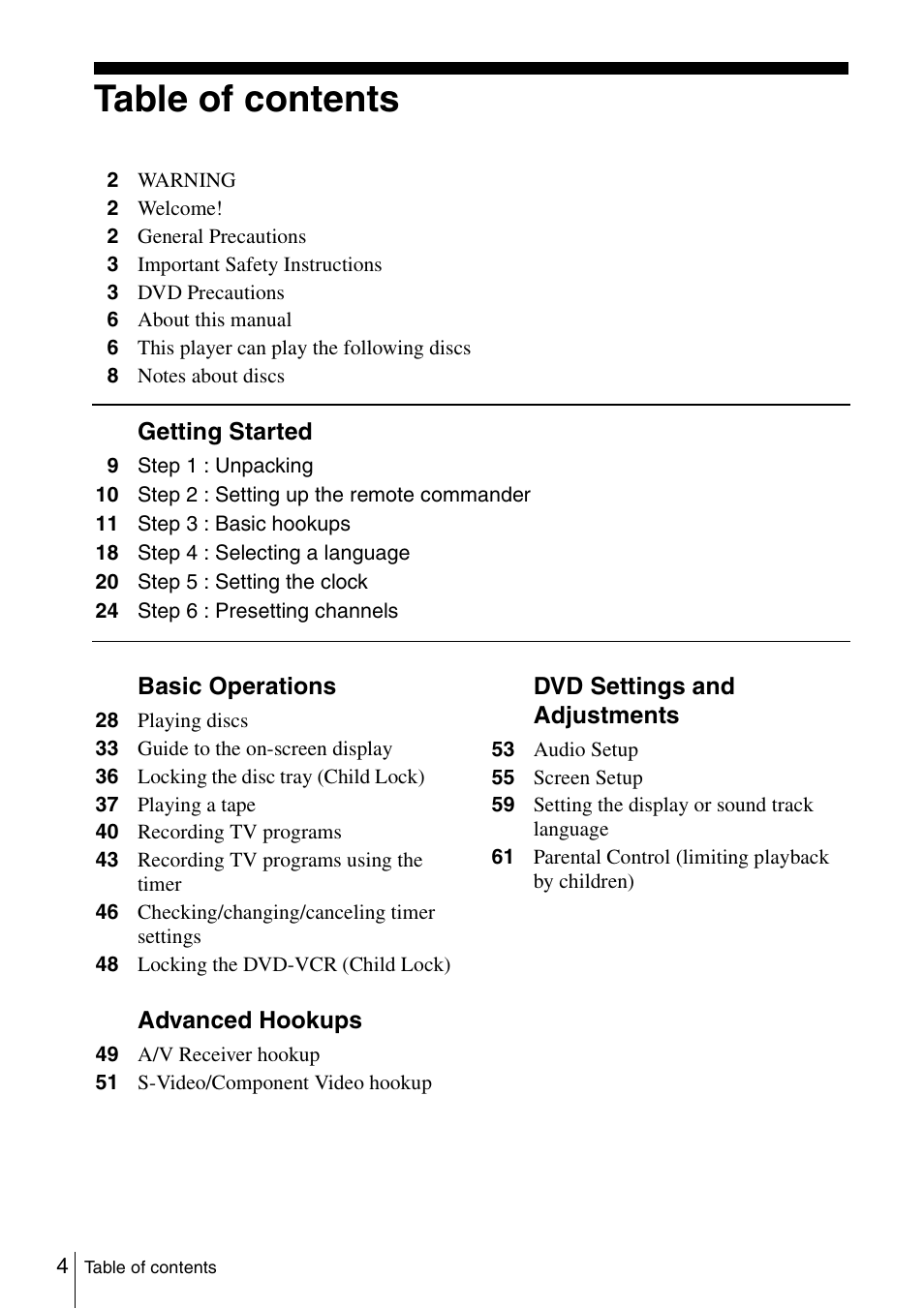 Sony SLV-D261P User Manual | Page 4 / 116