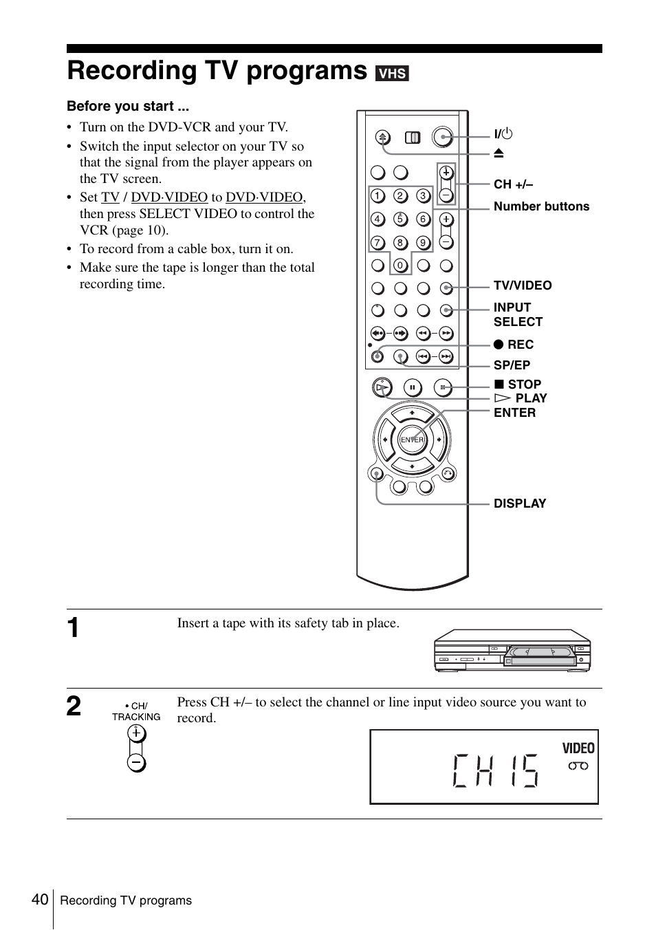 Recording tv programs | Sony SLV-D261P User Manual | Page 40 / 116