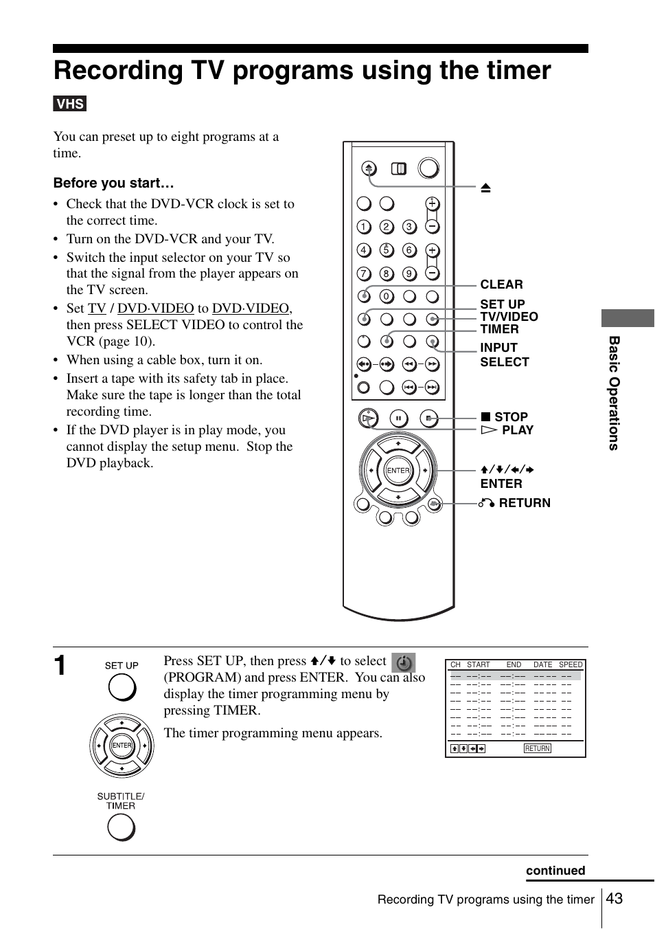 Recording tv programs using the timer | Sony SLV-D261P User Manual | Page 43 / 116