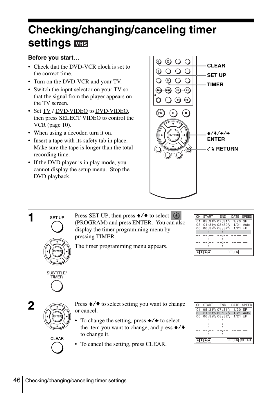 Checking/changing/canceling timer settings | Sony SLV-D261P User Manual | Page 46 / 116