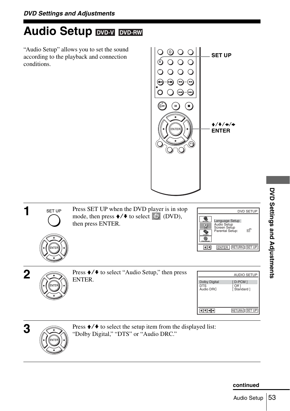 Dvd settings and adjustments, Audio setup, 53 a | Sony SLV-D261P User Manual | Page 53 / 116