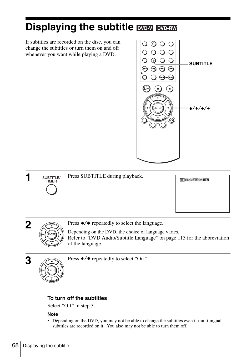 Displaying the subtitle, 68 dis | Sony SLV-D261P User Manual | Page 68 / 116