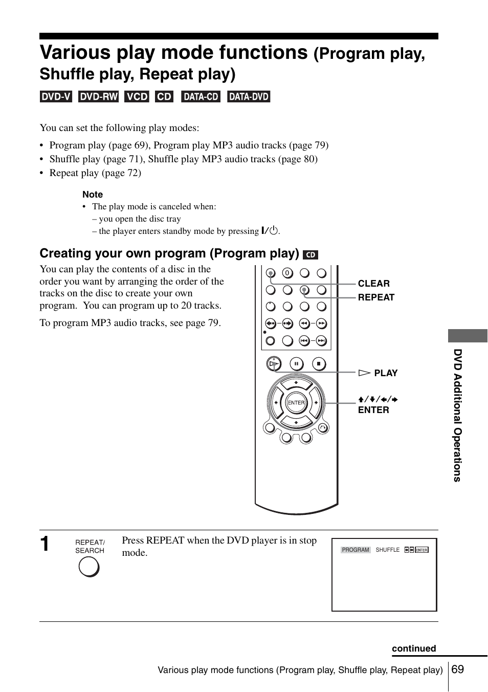 69 v, Various play mode functions, Program play, shuffle play, repeat play) | Sony SLV-D261P User Manual | Page 69 / 116