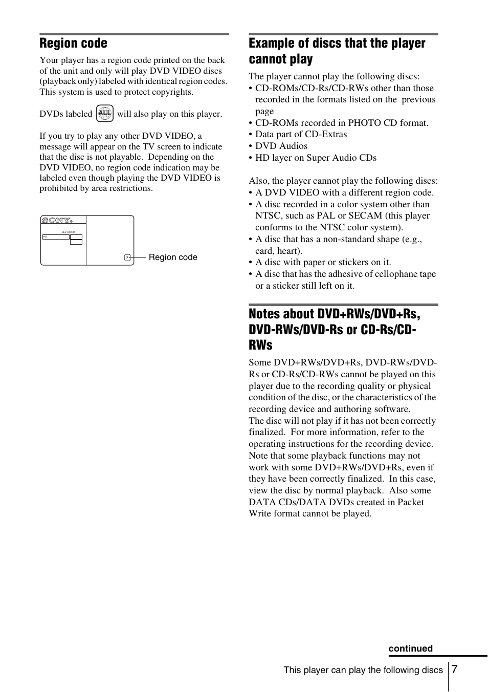 Region code, Example of discs that the player cannot play | Sony SLV-D261P User Manual | Page 7 / 116