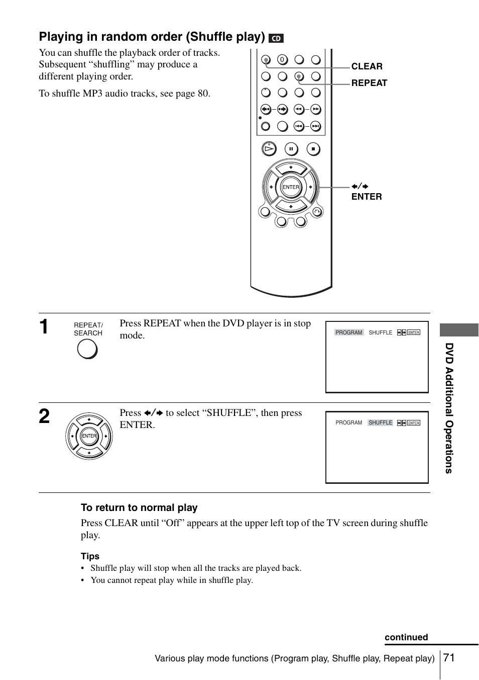 Playing in random order (shuffle play) | Sony SLV-D261P User Manual | Page 71 / 116