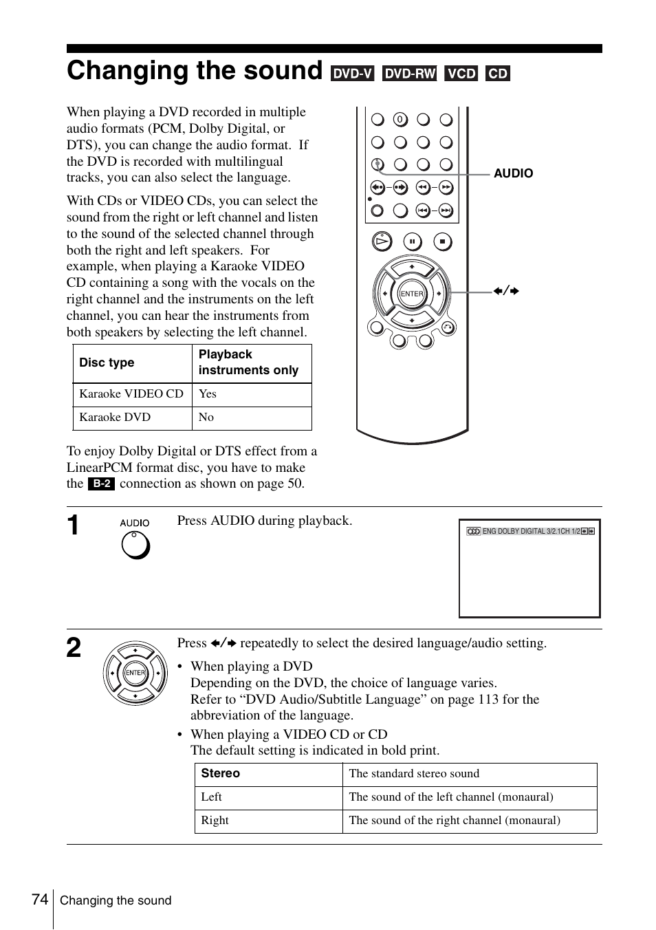 Changing the sound, 74 ch | Sony SLV-D261P User Manual | Page 74 / 116