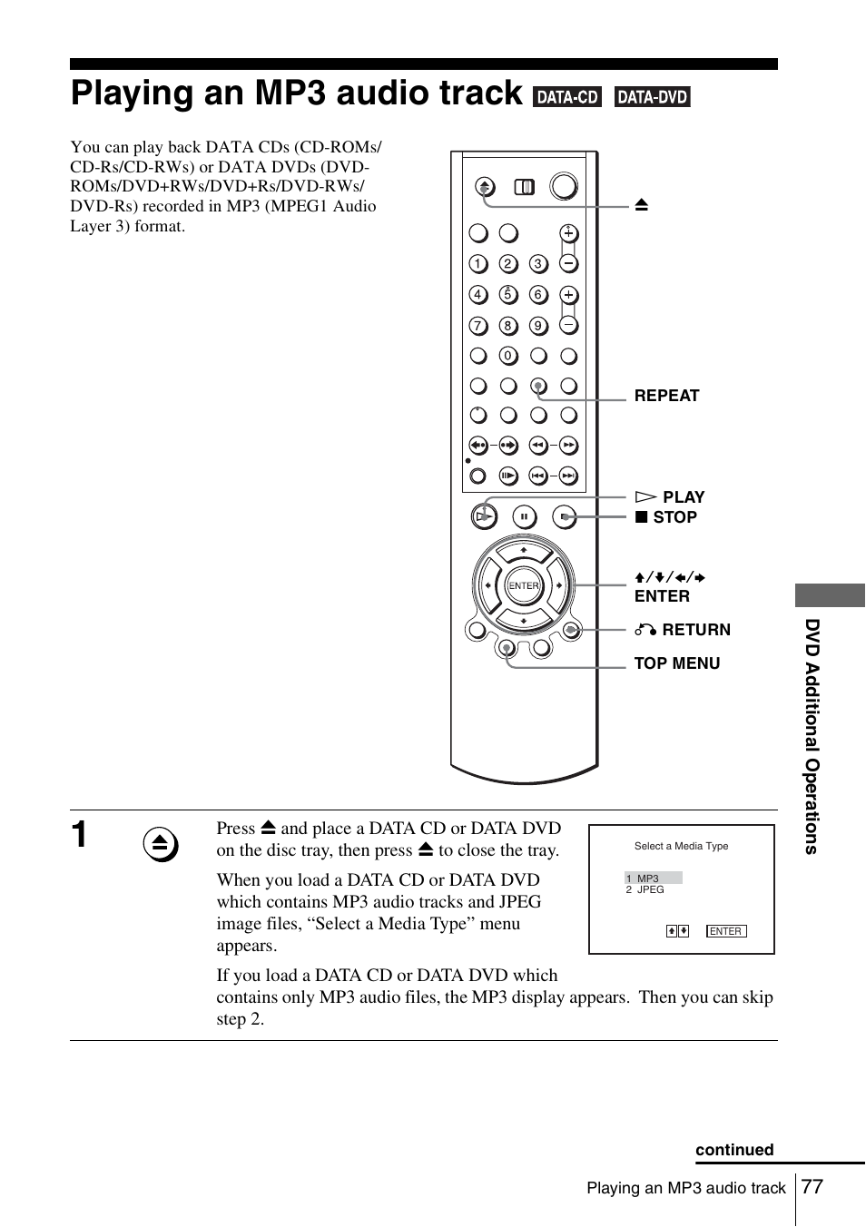 Playing an mp3 audio track, 77 play | Sony SLV-D261P User Manual | Page 77 / 116