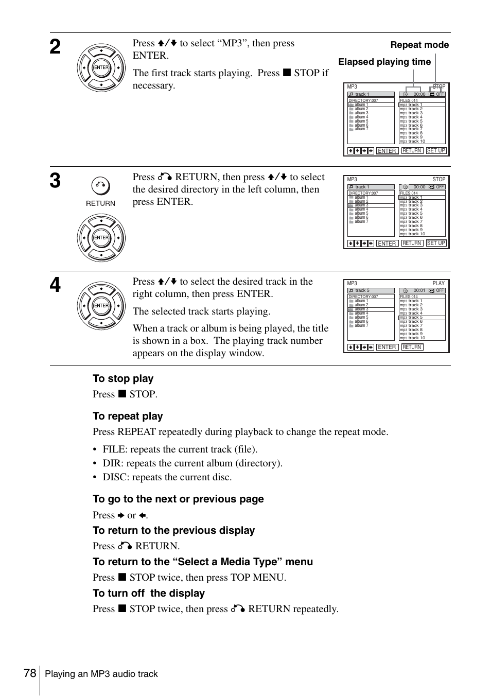 Playing an mp3 audio track, Elapsed playing time repeat mode | Sony SLV-D261P User Manual | Page 78 / 116