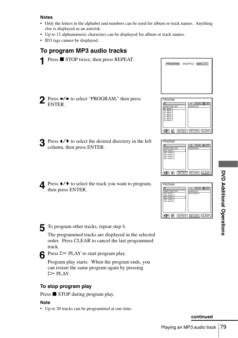 Dv d ad diti onal o p eratio ns, Press x stop twice, then press repeat, Press b/b to select “program,” then press enter | Playing an mp3 audio track, Continued | Sony SLV-D261P User Manual | Page 79 / 116