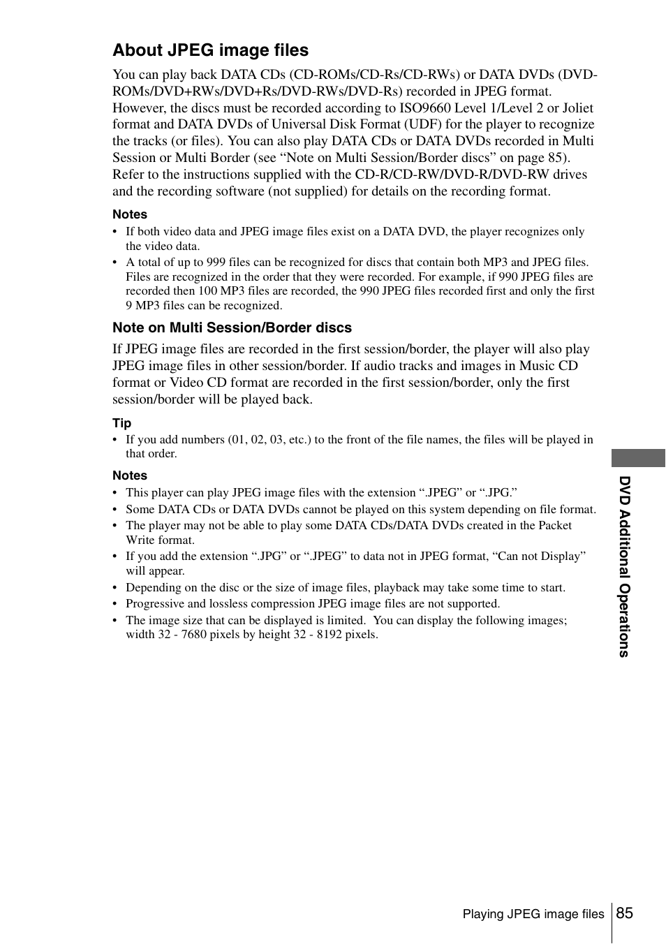 About jpeg image files | Sony SLV-D261P User Manual | Page 85 / 116