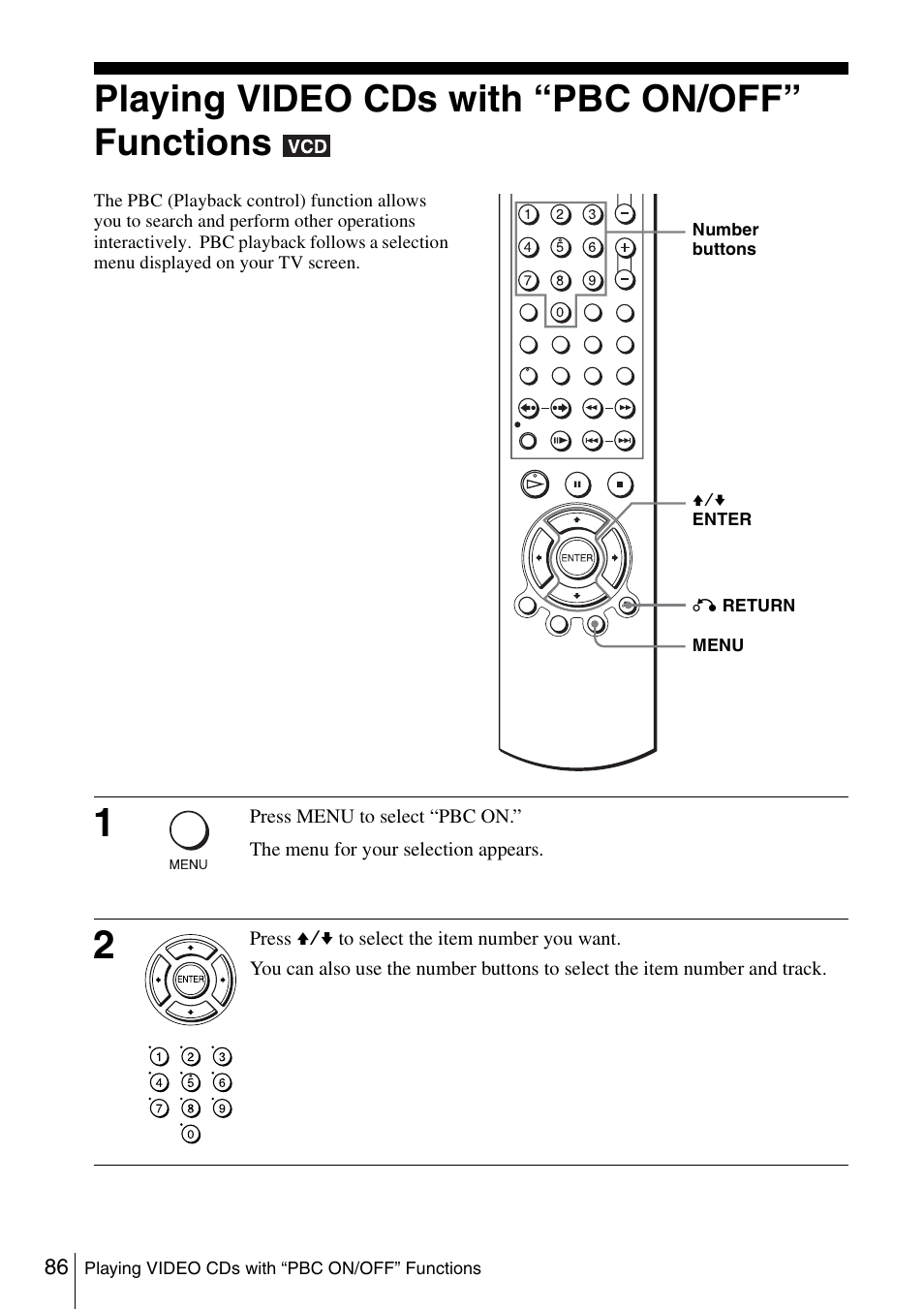 Playing video cds with “pbc on/off” functions, 86 play | Sony SLV-D261P User Manual | Page 86 / 116