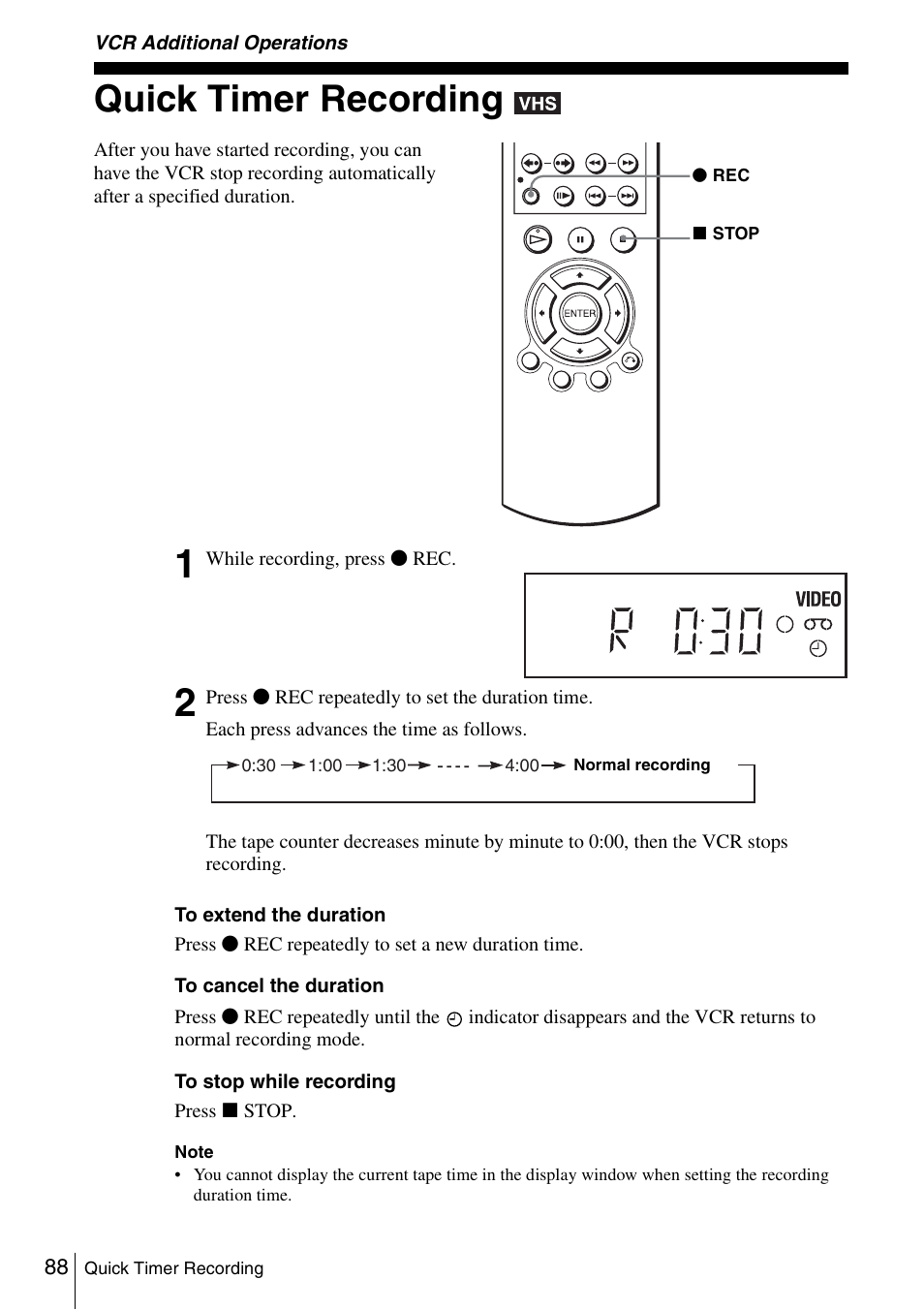 Vcr additional operations, Quick timer recording, 88 quick | Sony SLV-D261P User Manual | Page 88 / 116